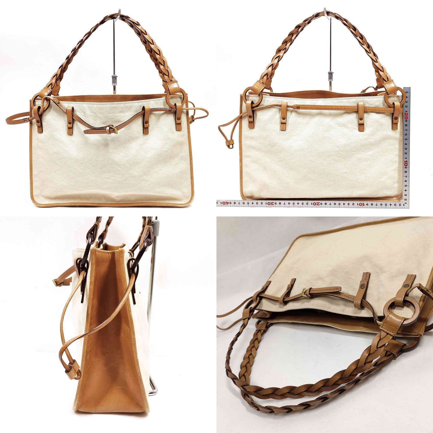 $1490 GUCCI Canvas Braided Handle Large Tote Beige