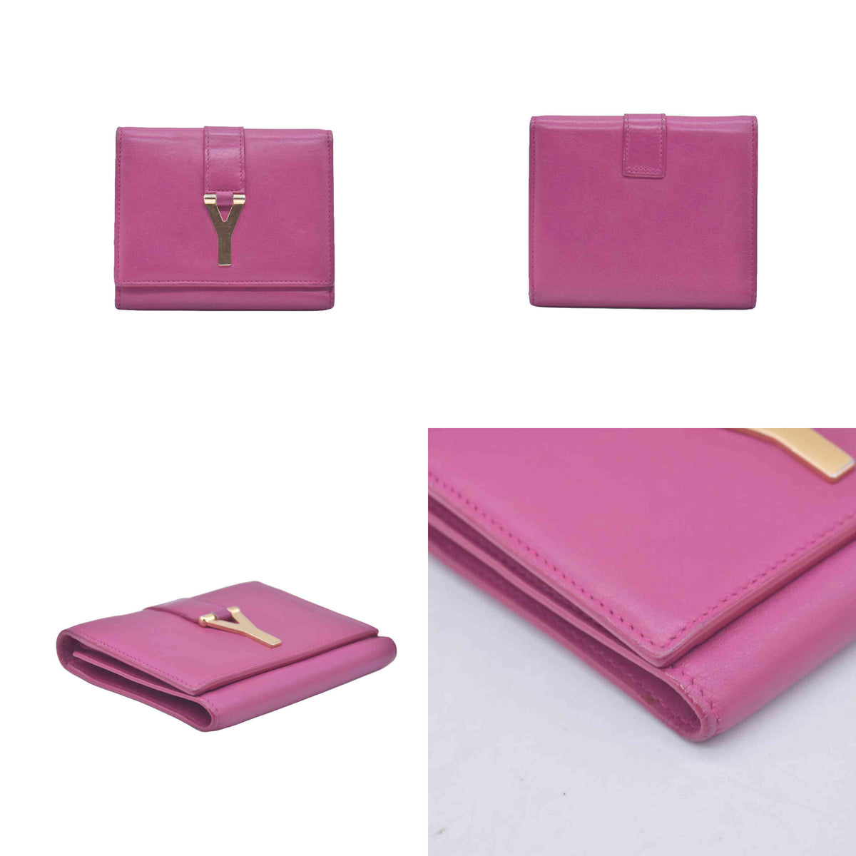 $400 Saint Laurent Classic Y Compact Trifold Wallet Fuchsia CONSIGNMENT 10021149
