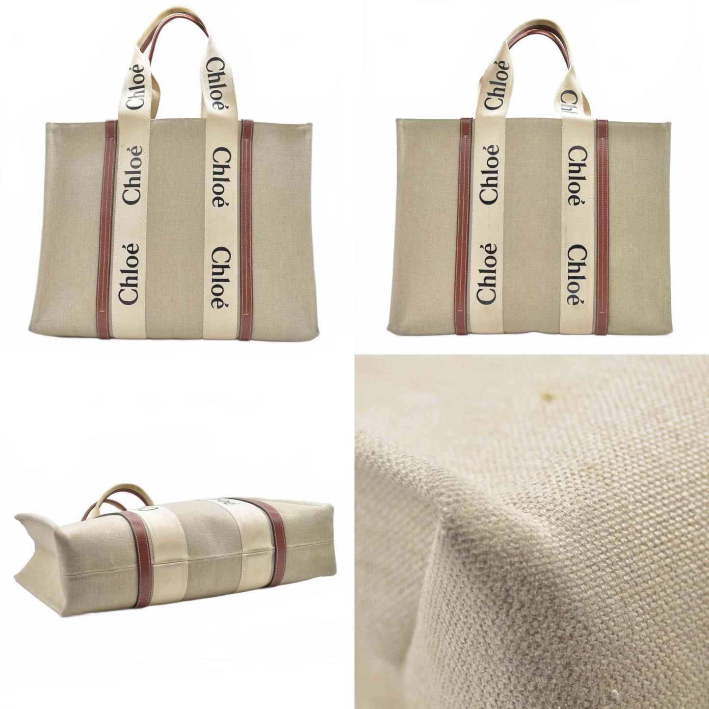 $1650 Chloe Cotton Calfskin Large Woody Ribbon Tote White Brown