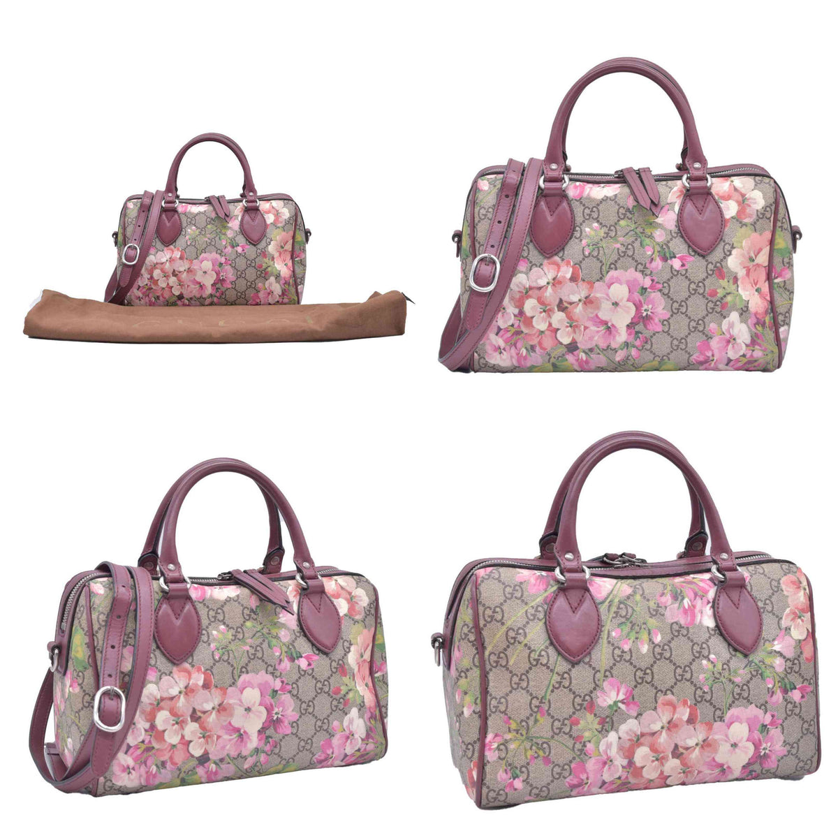 $1390 Gucci GG Supreme Monogram Blooms Small Boston Beige Multicolor Dry Rose CONSIGNMENT