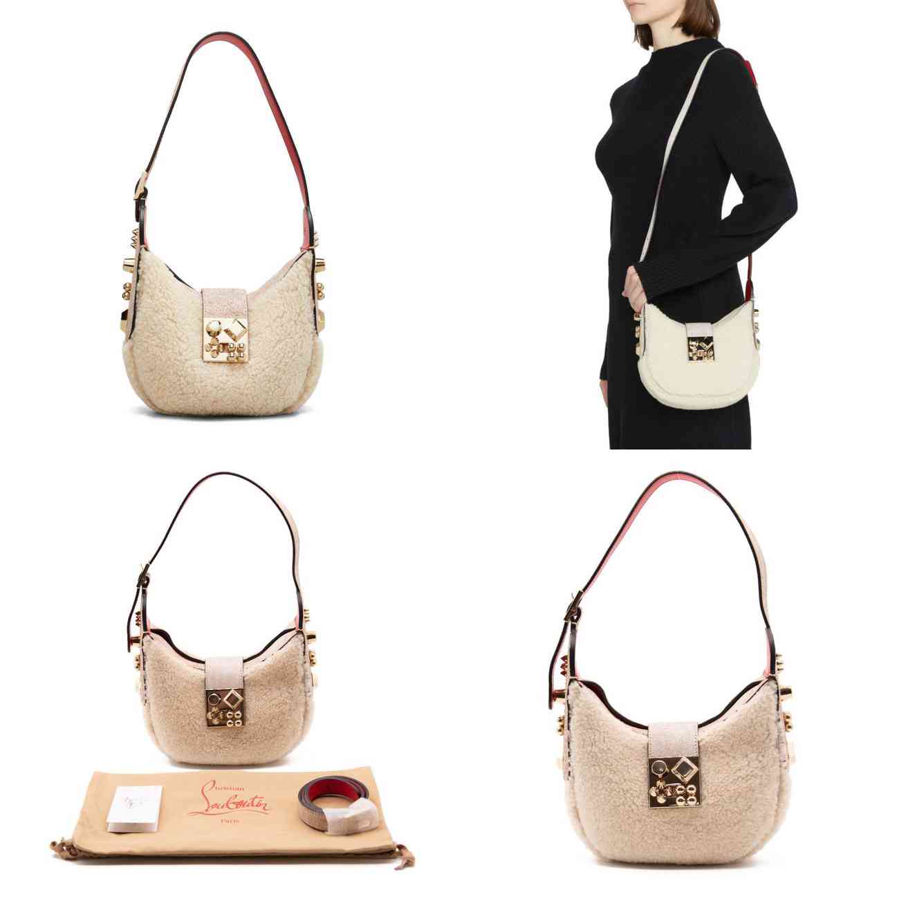 NEW Christian Louboutin Carasky Mini Studded White Shearling Wool Shoulder Bag