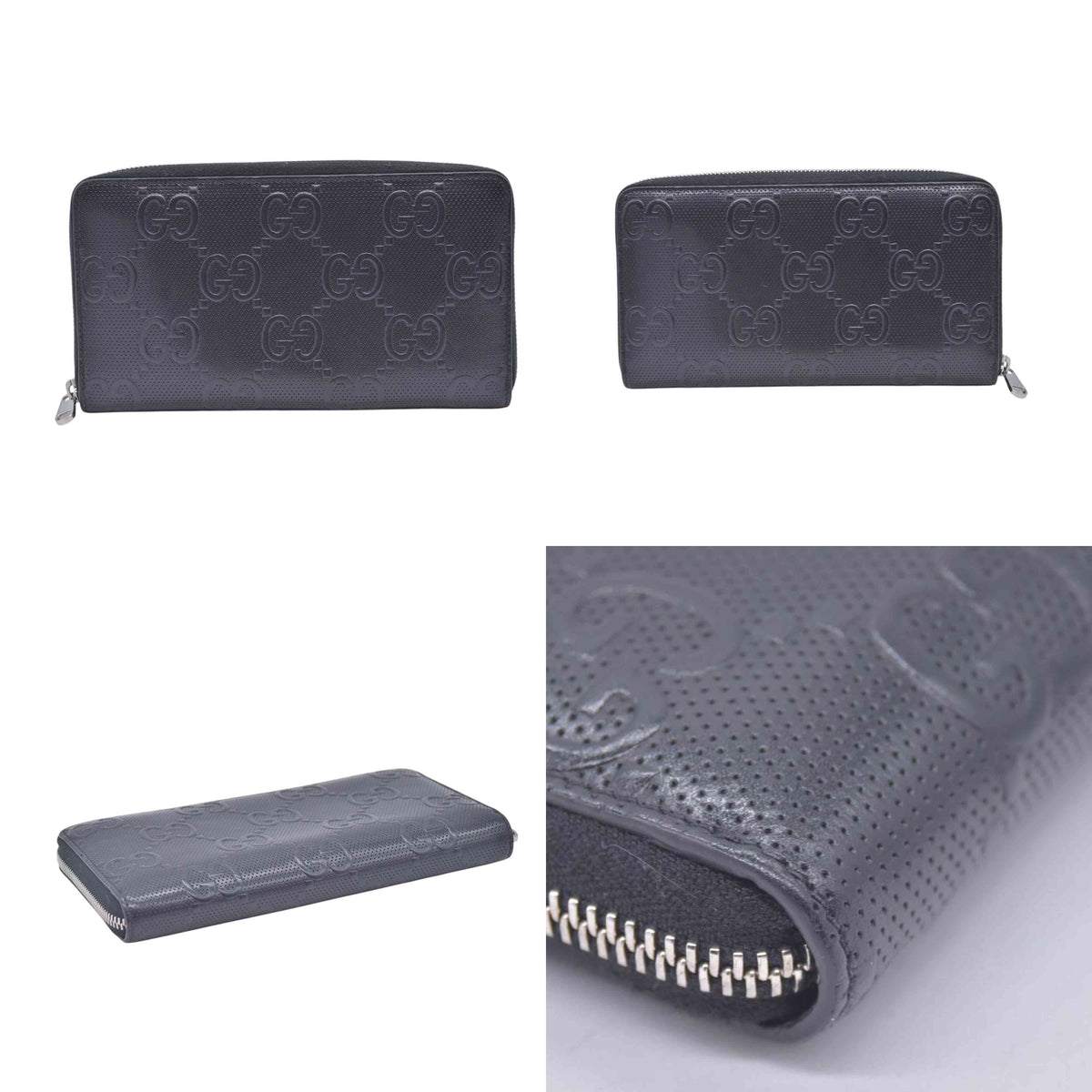 $790 GUCCI Jumbo GG Embossed Perforated Zip Around Wallet Black CONSIGNMENT 10021209