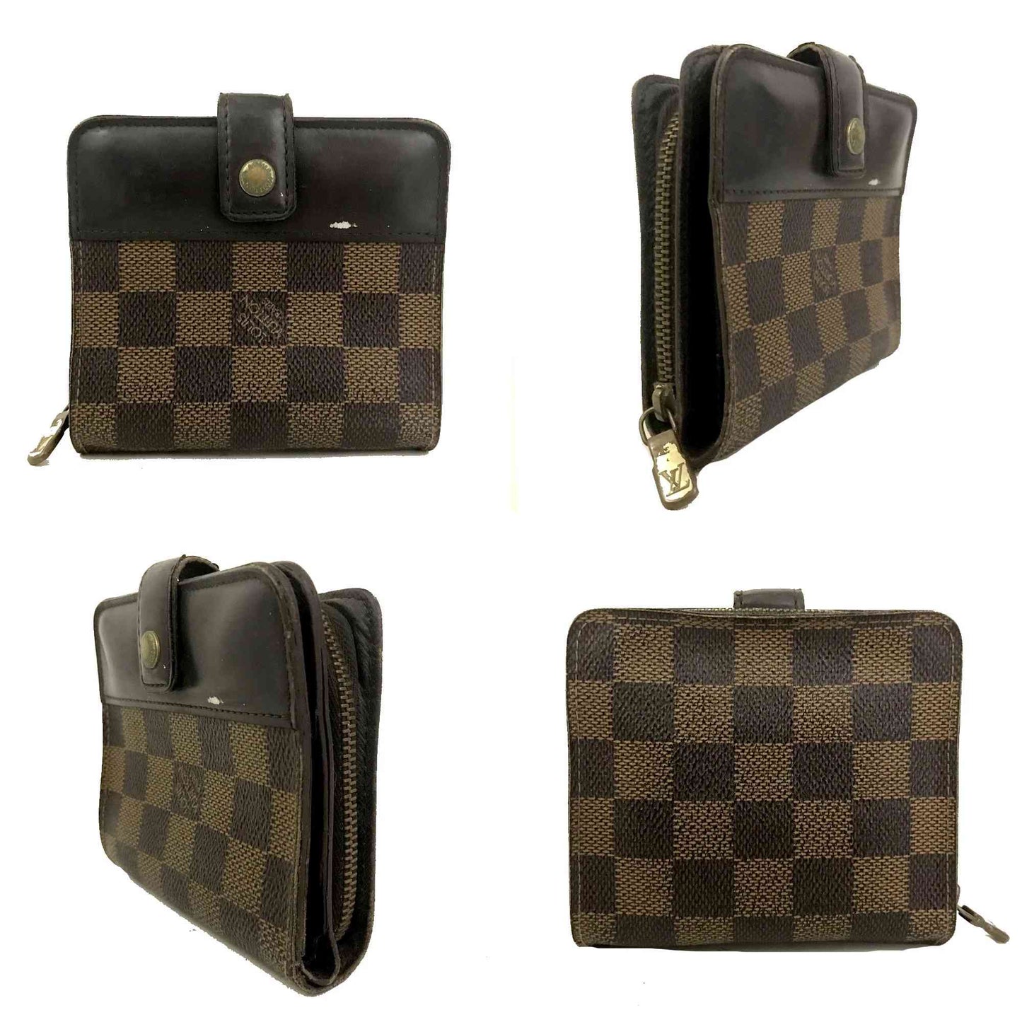 $610 1998 Louis Vuitton Damier Ebene Compact Zip Bifold Wallet Brown CA0968