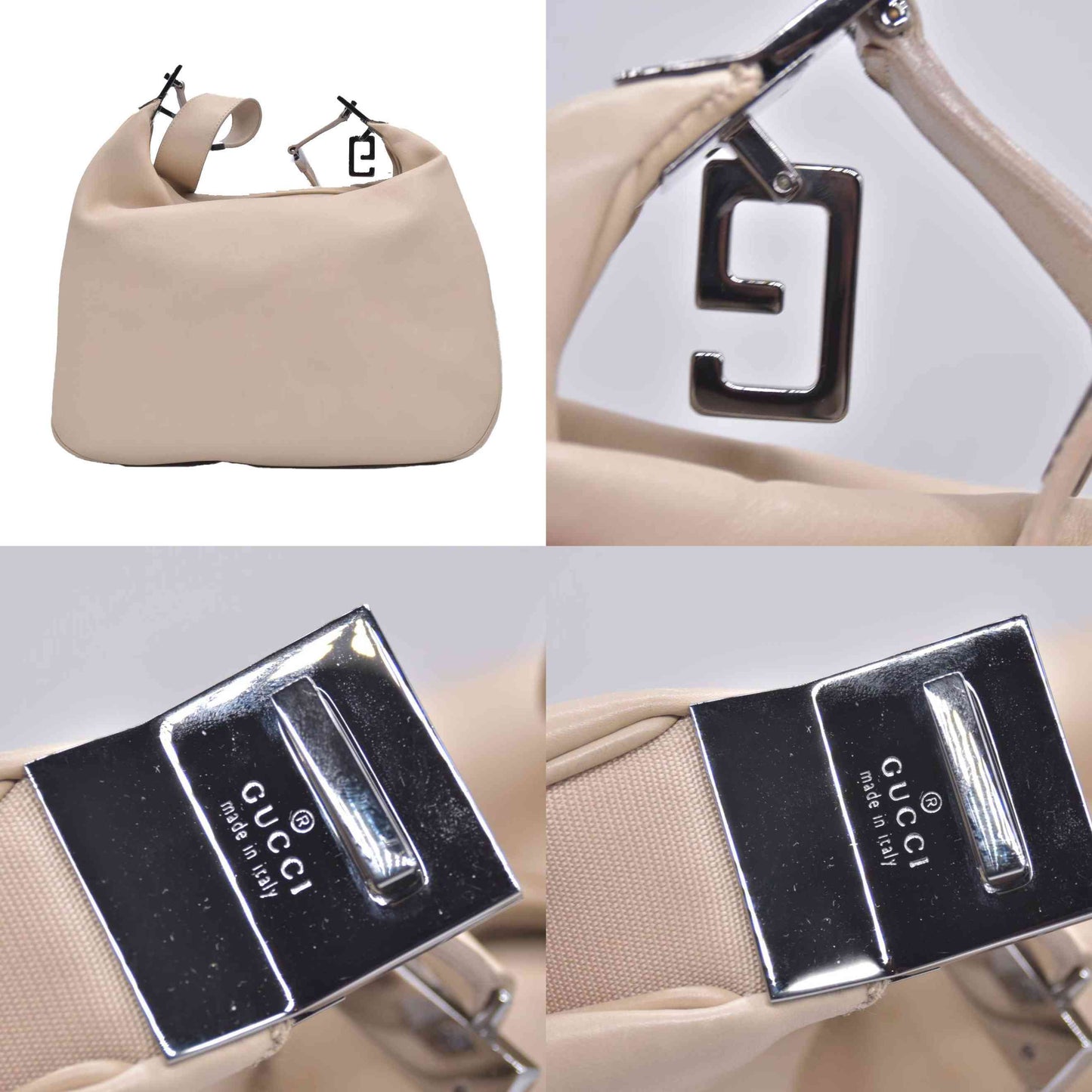 $1580 Gucci Smooth Leather Clip Hobo Shoulder Bag Beige CONSIGNMENT