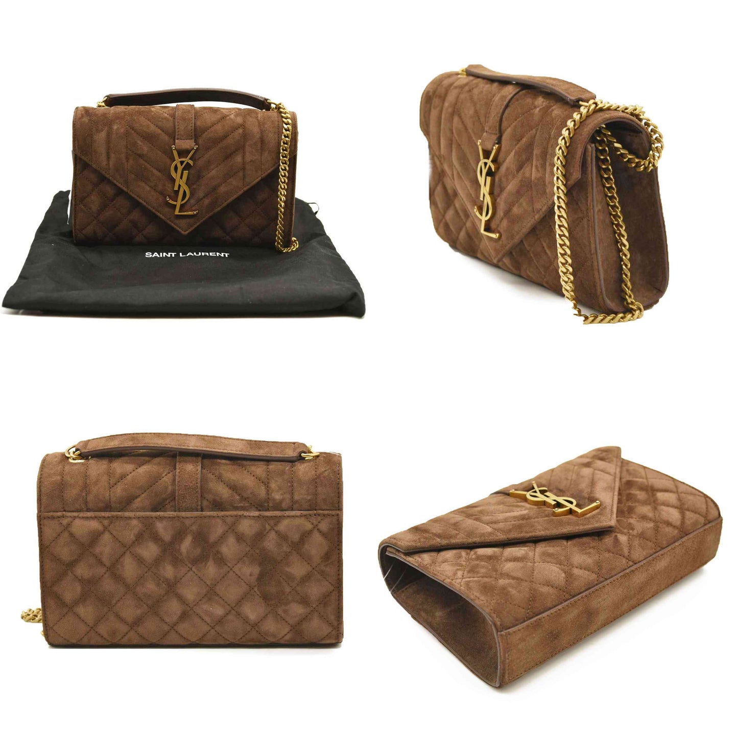 SAINT LAURENT  Suede Mixed Matelasse Triquilt Small Monogram Envelope Satchel Cinnamon