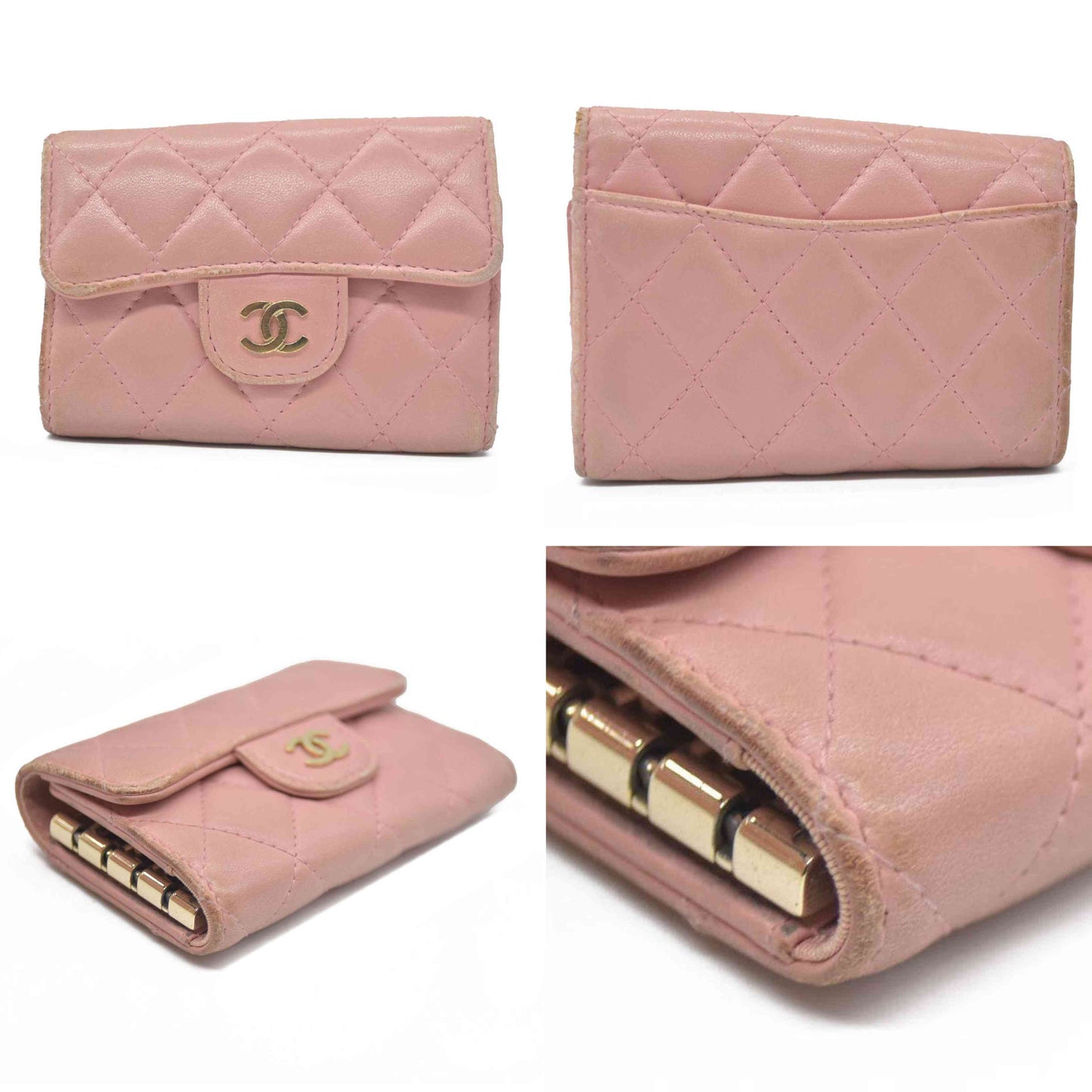 CHANEL $710 Quilted Matelasse CC Logo Lambskin 6 Ring Key Case Pink/7BH0171