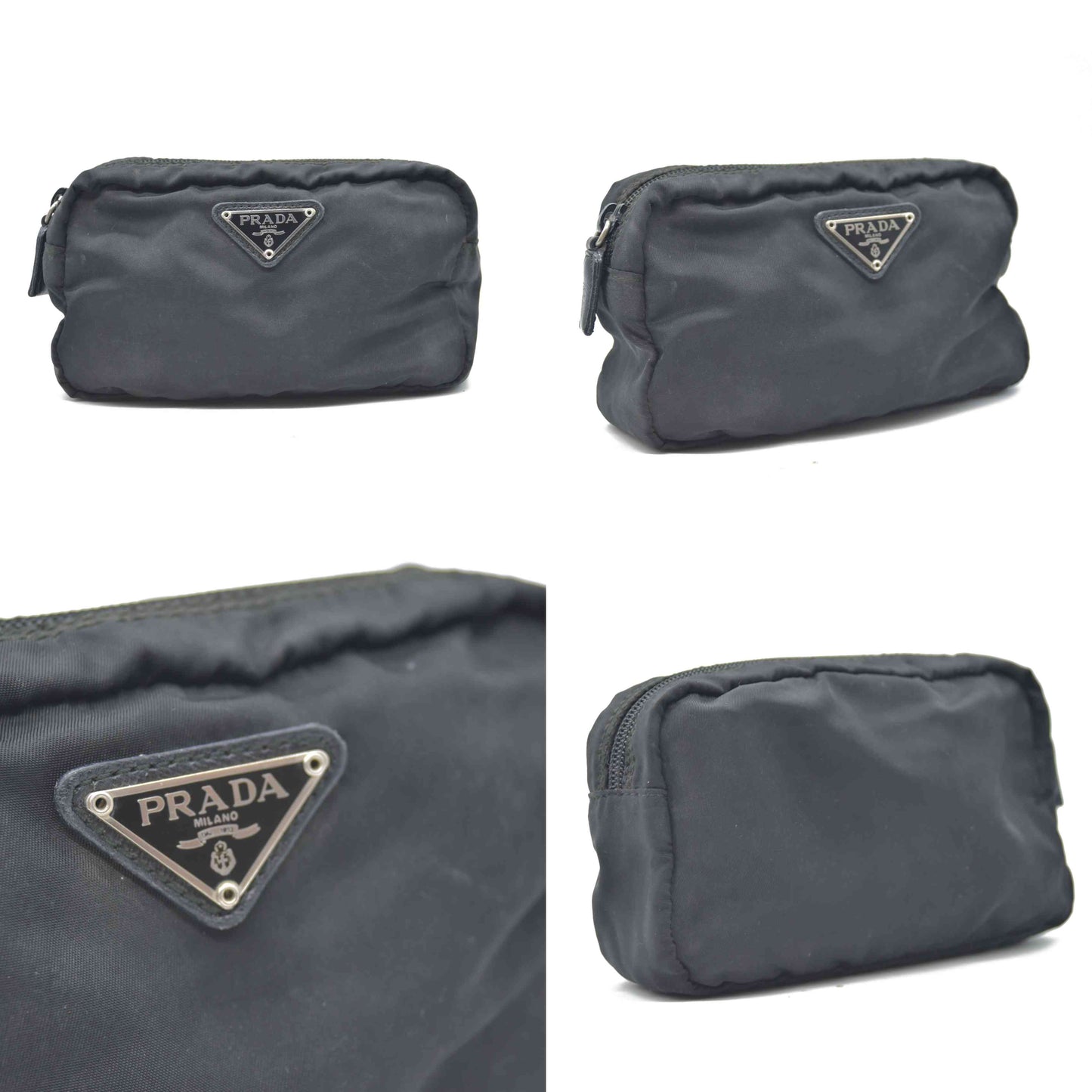 PRADA Logo Plate Nylon Cosmetic Pouch Bag Black