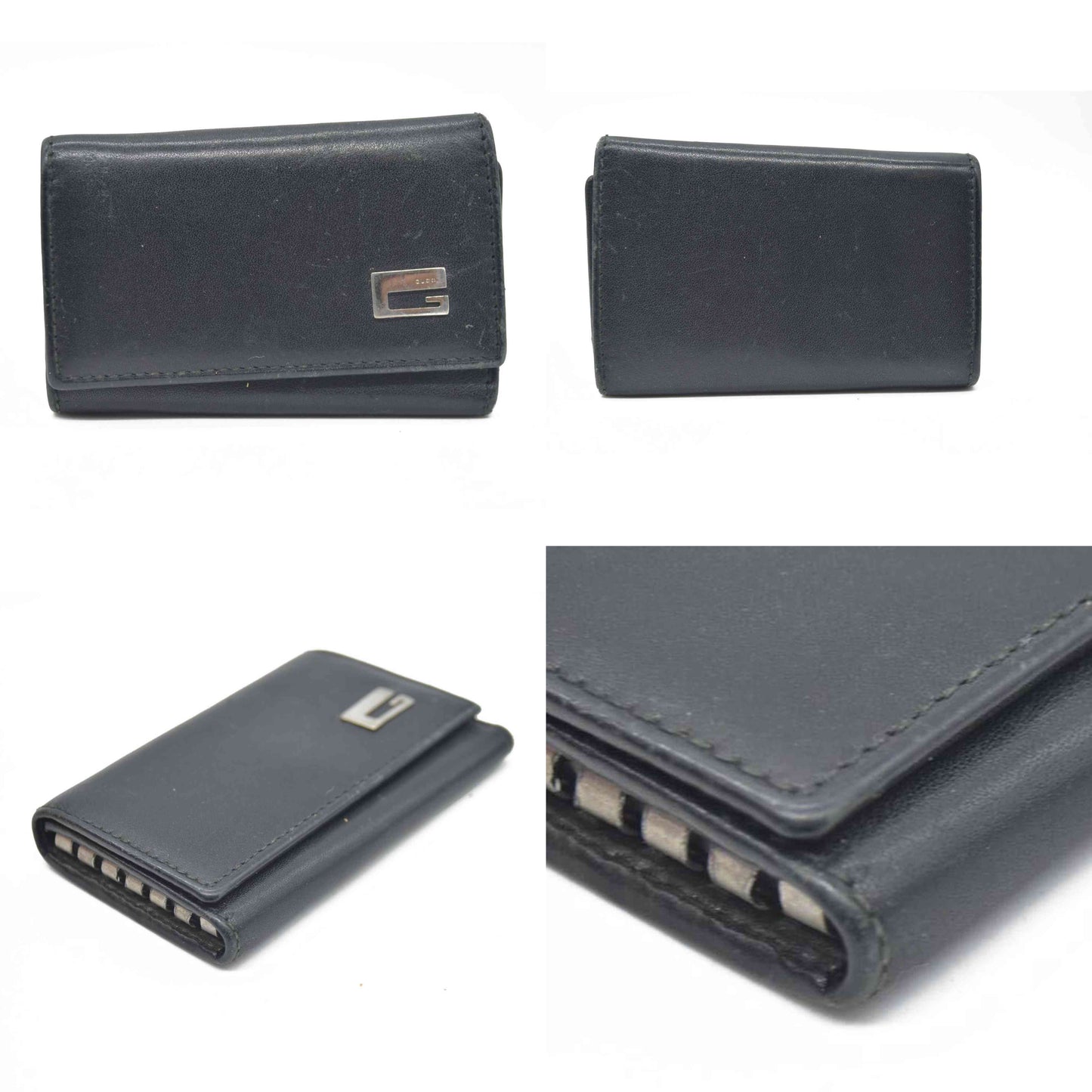 $350 GUCCI G Logo Leather 6 Ring Key Case Black