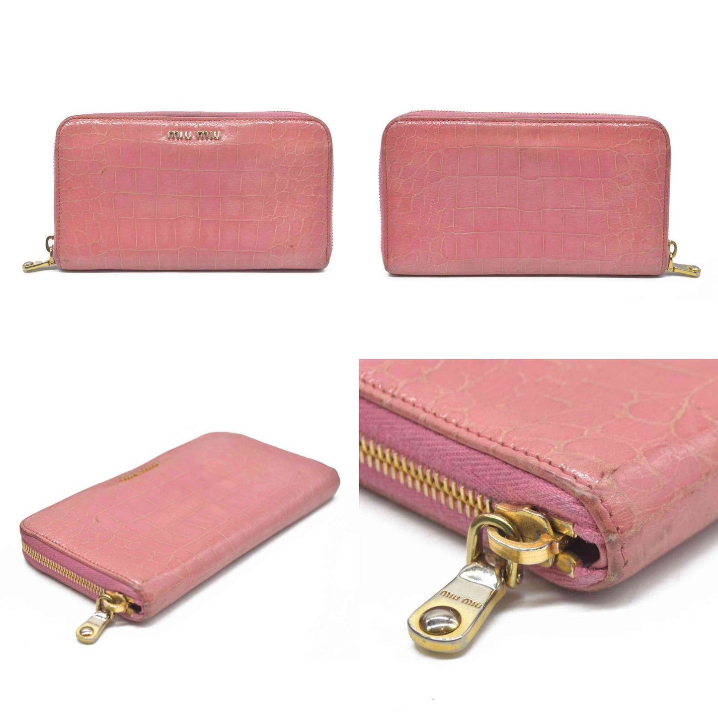 AUCTION $545 Miu Miu  Vernice Crocodile Embossed Calfskin Zip Around Wallet Antico