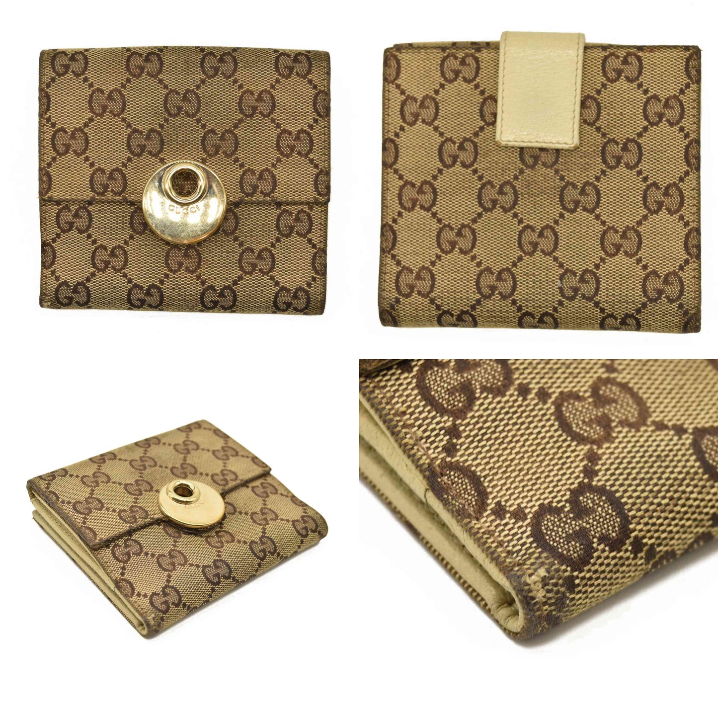 GUCCI GG Logo Canvas Leather Bifold Wallet Beige