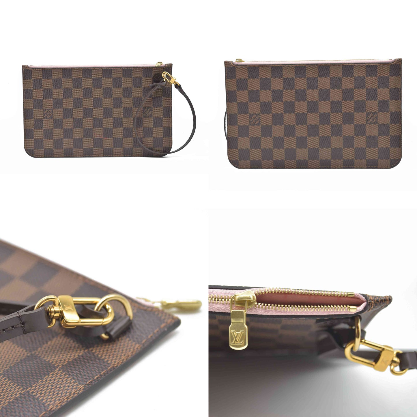Louis Vuitton  Damier Ebene Neverfull MM Pochette Rose Ballerine Wristlet AR4186