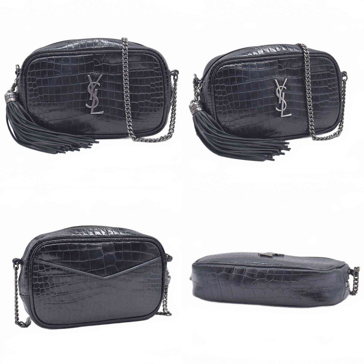 $1800 2019 Saint Laurent Calfskin Crocodile Embossed Monogram Mini Lou Camera Bag Black 10020872