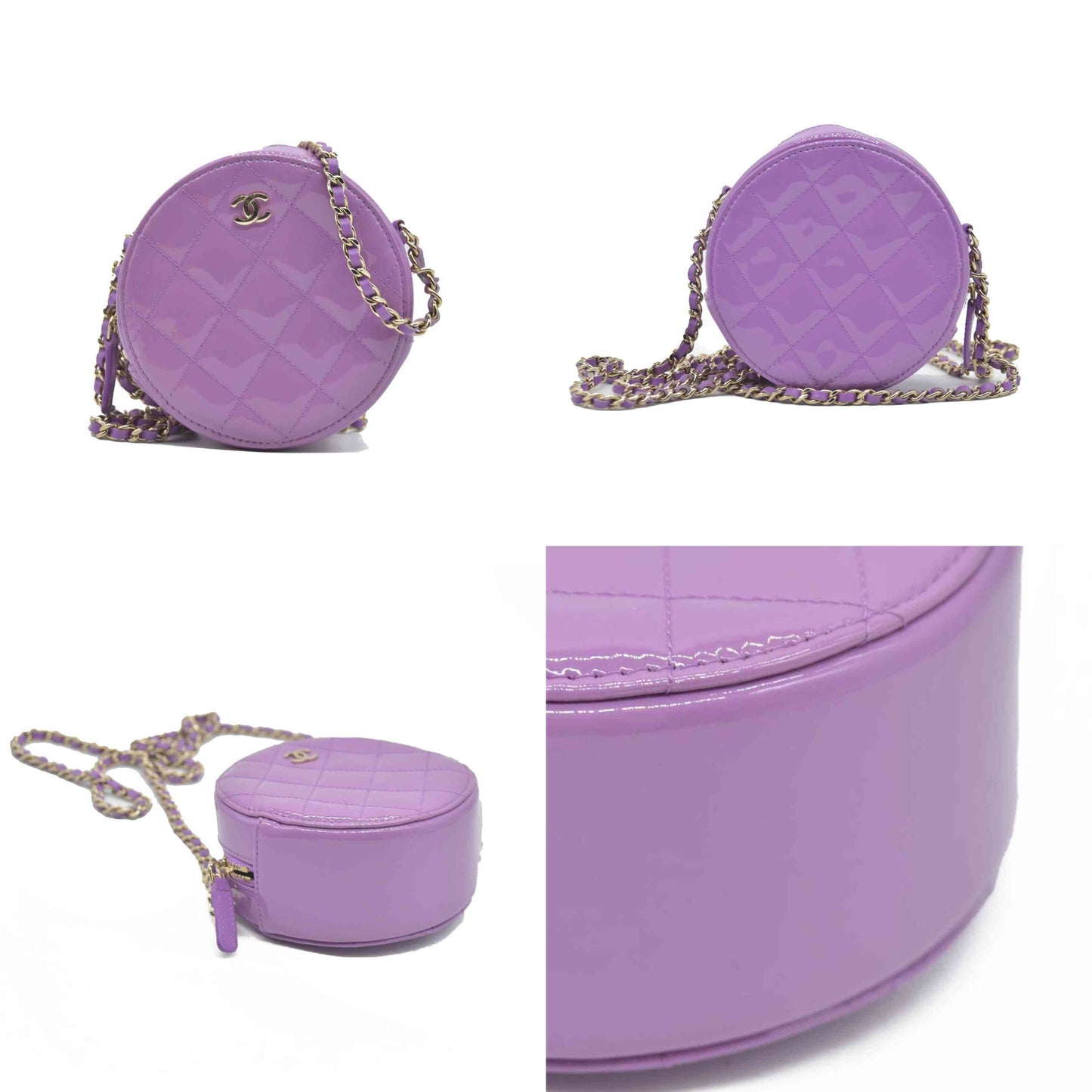 $2940 Chanel Patent Quilted Round Clutch with Chain