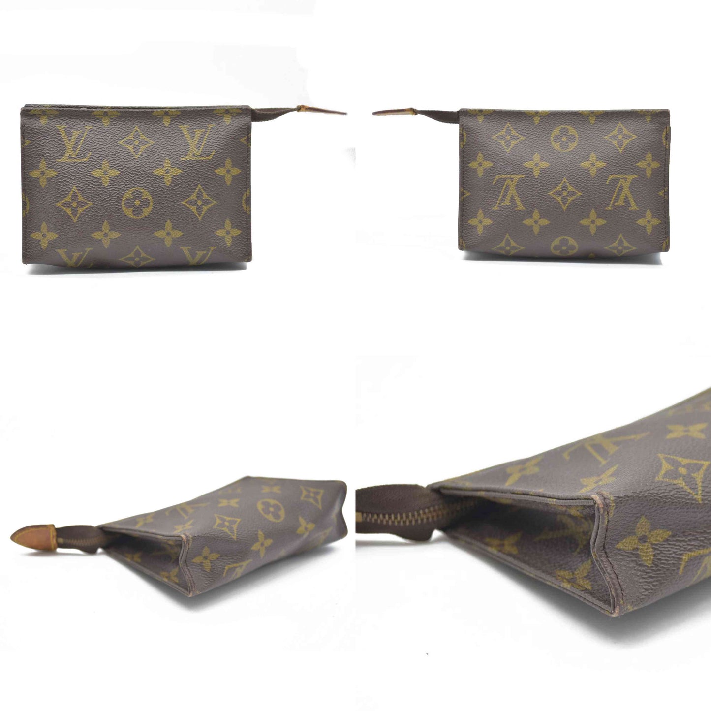 AUCTION $490 Louis Vuitton Monogram Poche Toilette 15 Cosmetics Pouch Purse Brown TH8904