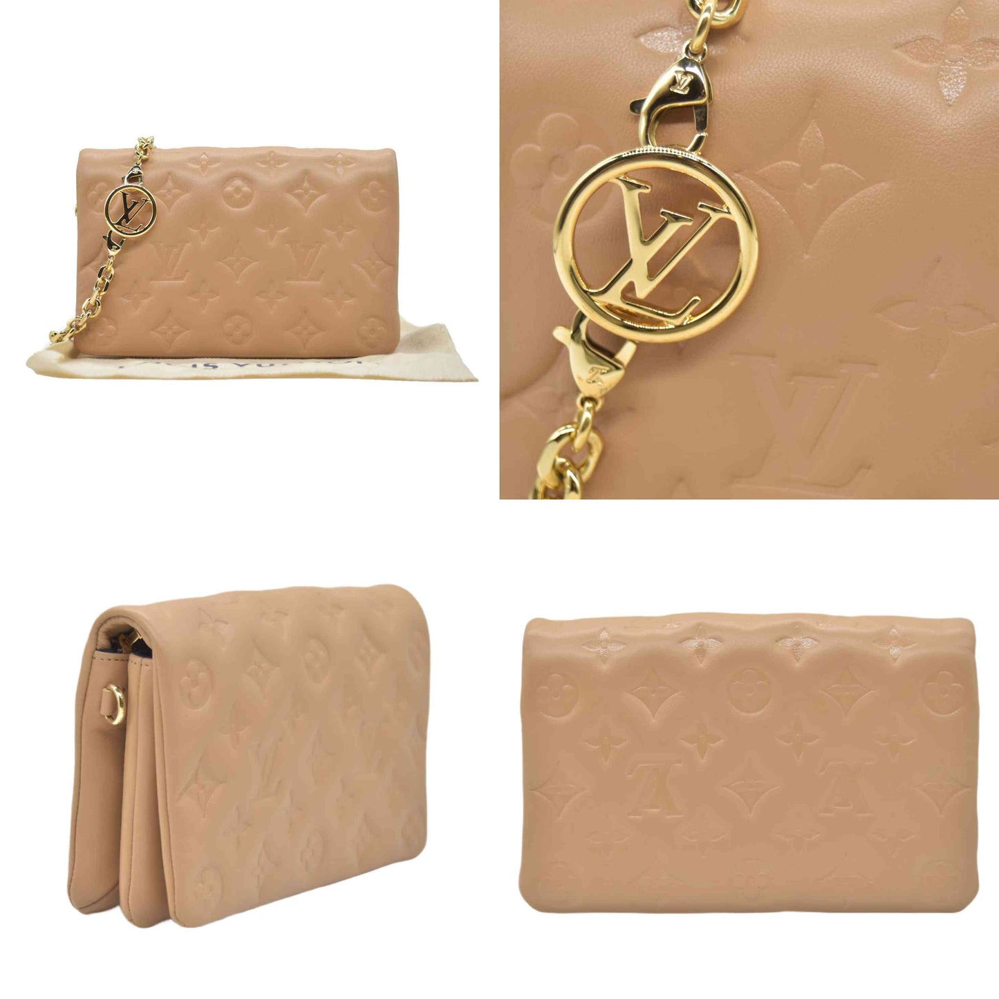 $3150 Louis Vuitton Lambskin Embossed Monogram Pochette Coussin Camel