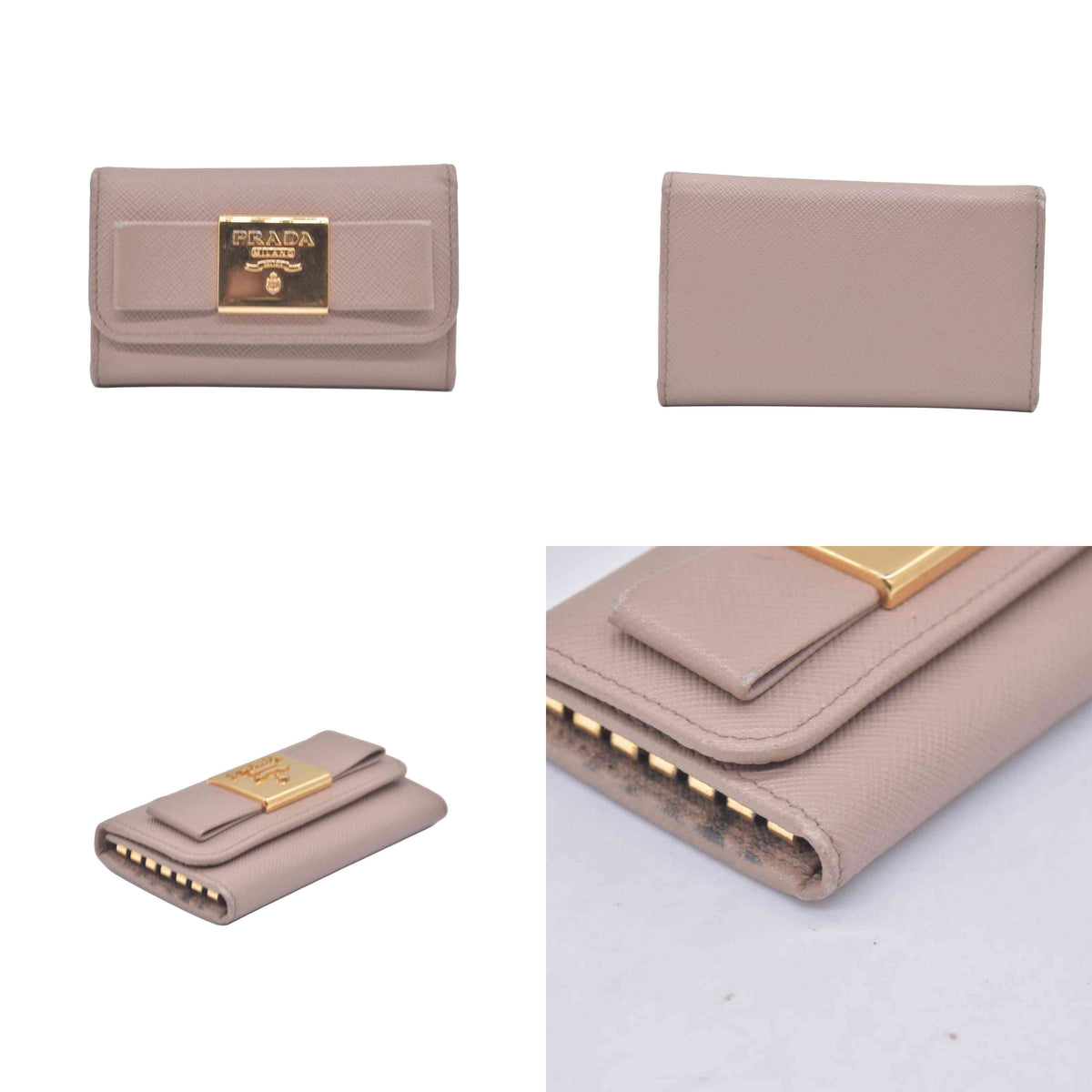 $595 Prada Saffiano Lux Leather Compact Wallet Beige CONSIGNMENT 10020907