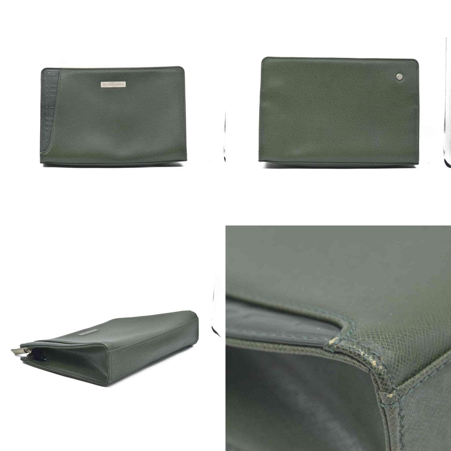 $650 Burberry Saffiano Leather Clutch Dark Green CONSIGNMENT