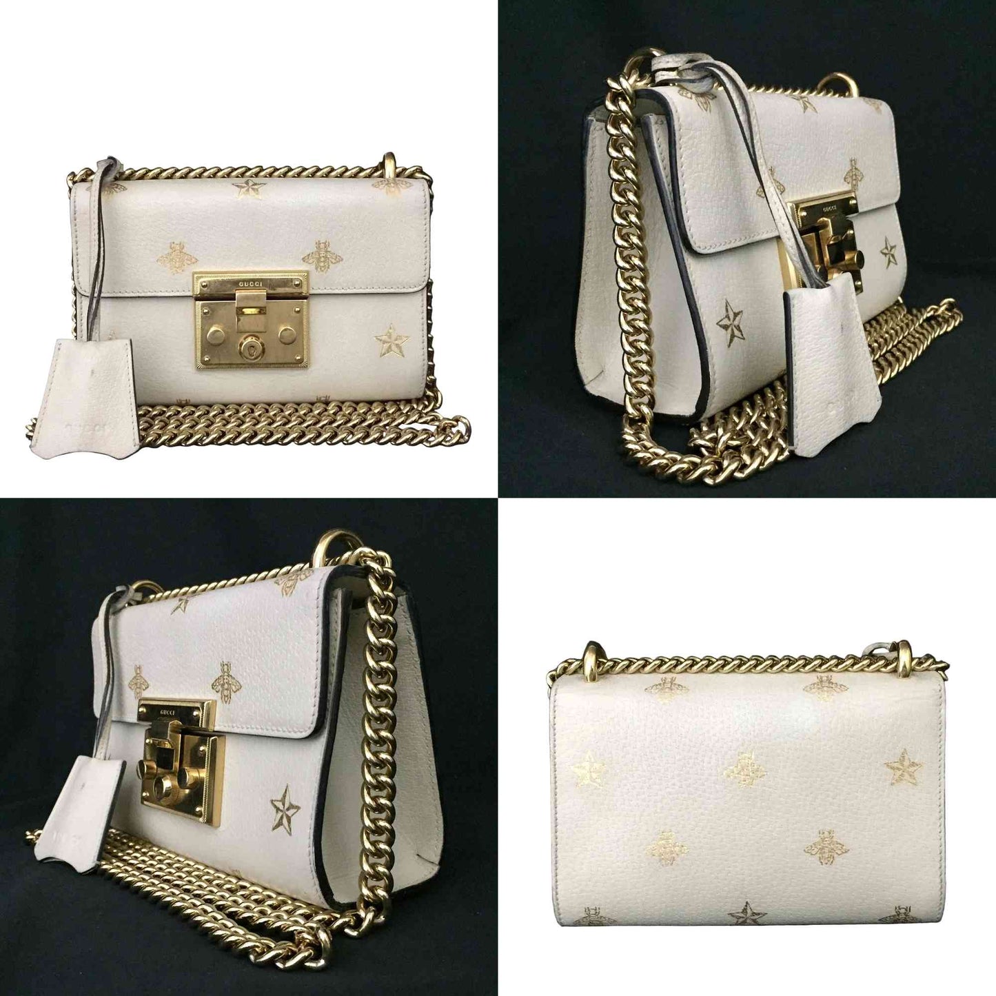 $1980 Gucci Grained Calfskin Bee Star Small Padlock Shoulder Bag White