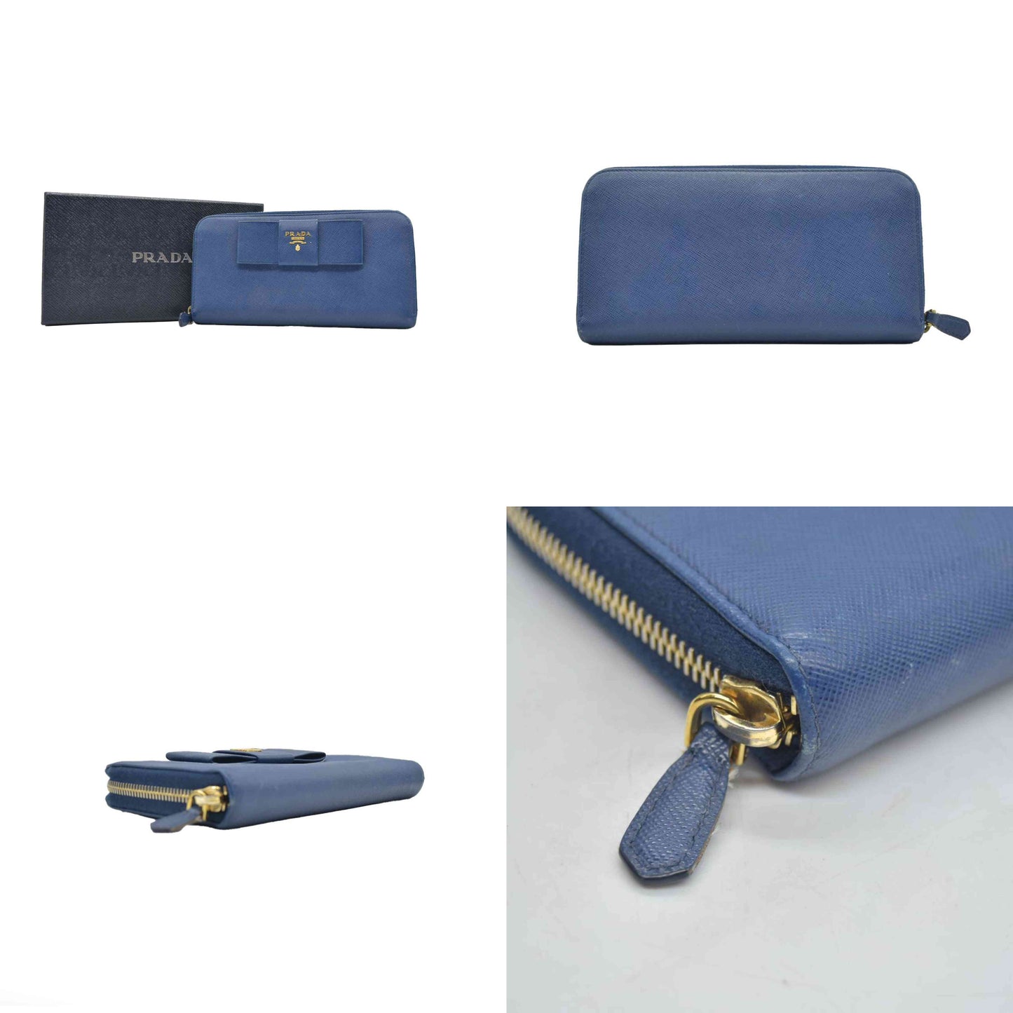 $975 PRADA Saffiano Bow Wallet Blue Zip Around Wallet CONSIGNMENT