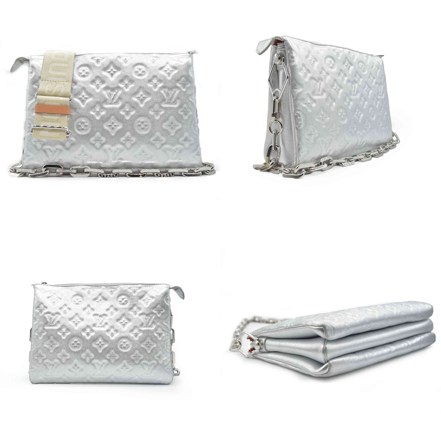 $4800 Louis Vuitton Metallic Lambskin Embossed Monogram Coussin PM Silver
