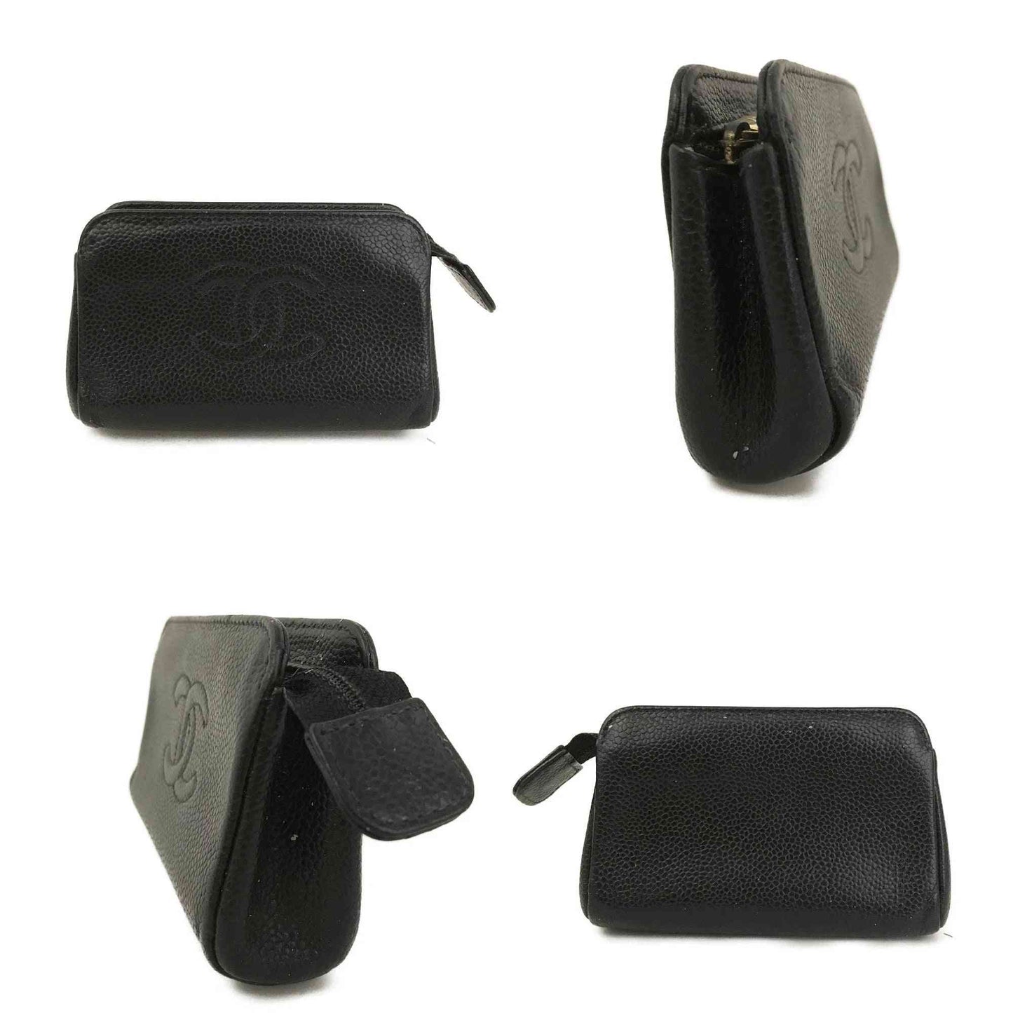 CHANEL CC Logo Grained Calfskin Cosmetic Pouch Bag Black