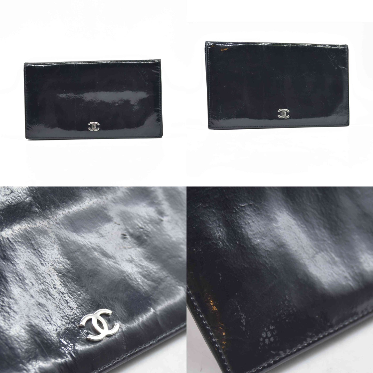 $800 2002 Chanel Interlocking CC Logo Bifold Wallet Black Patent Leather