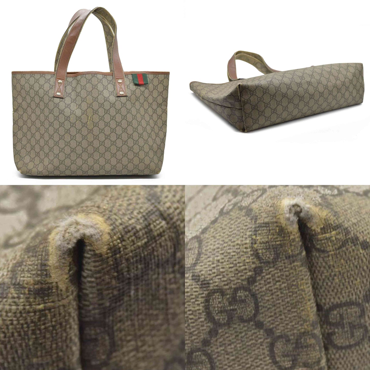 $1490 Gucci GG Plus Monogram Medium Signature Web Loop Tote Brown