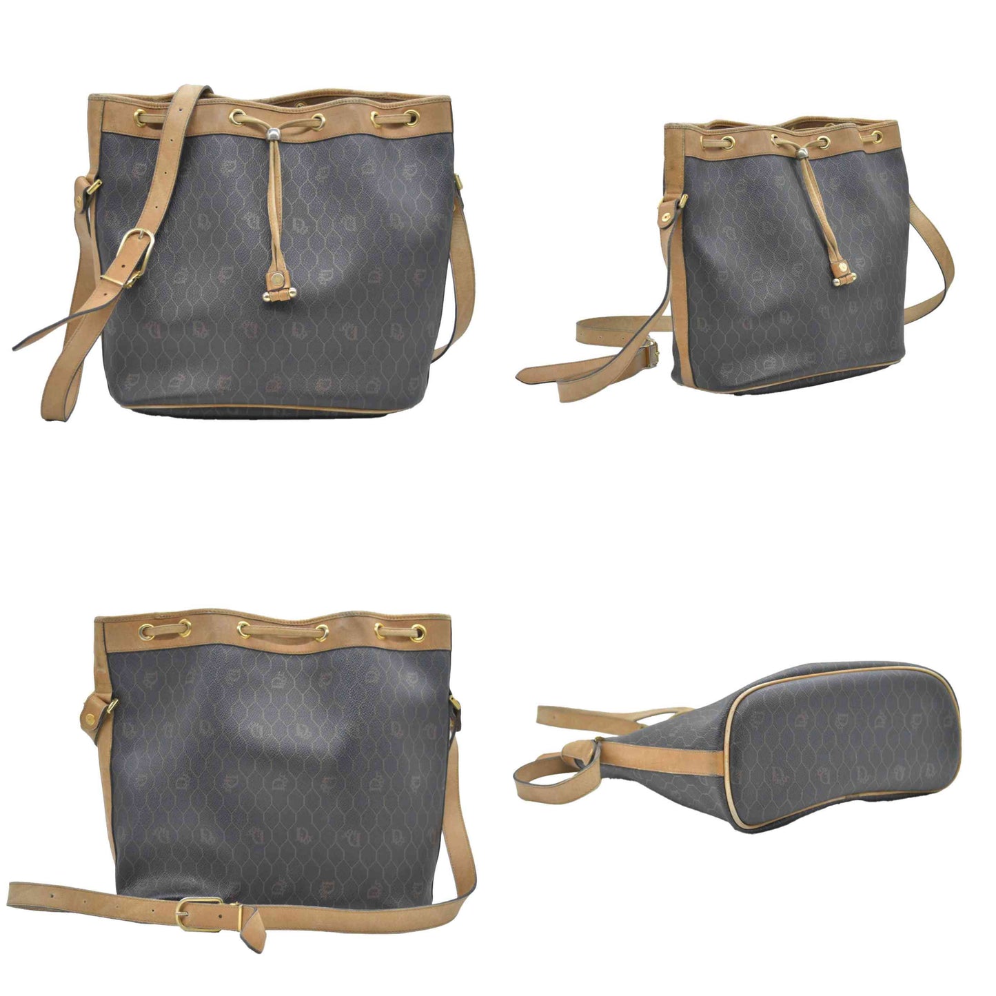 $1150 Christian Dior Vintage Coated Canvas Honeycomb Bucket Bag Tan Brown CONSIGNMENT