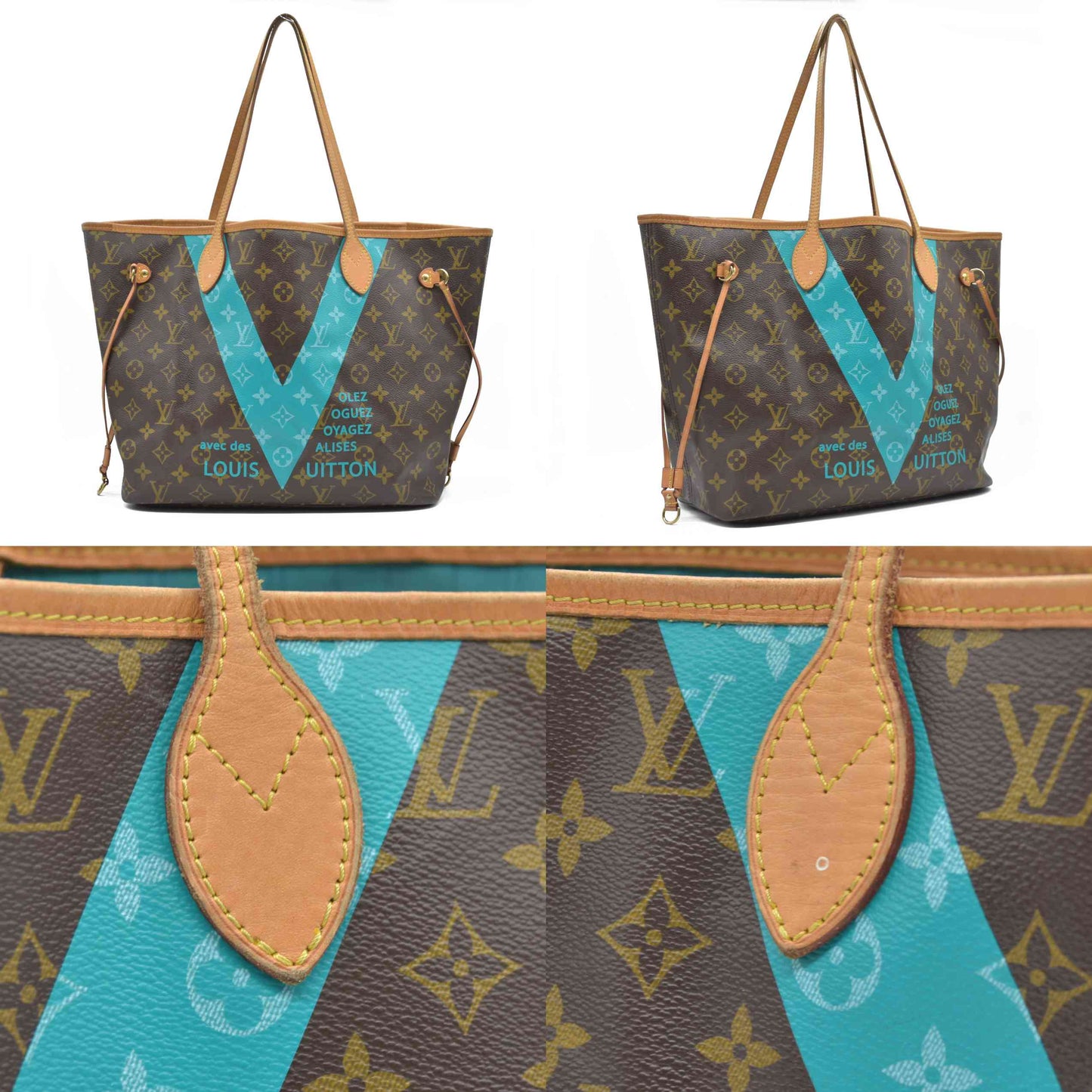 AUCTION $2120 Louis Vuitton  Monogram V Neverfull MM Turquoise