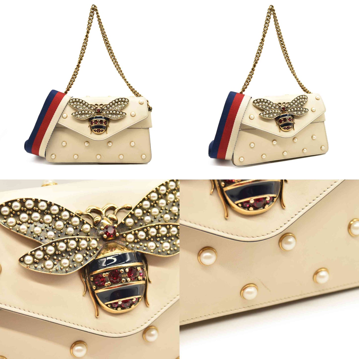 Gucci  Nappa Pearl Studded Mini Queen Margaret Broadway Shoulder Bag Mystic White