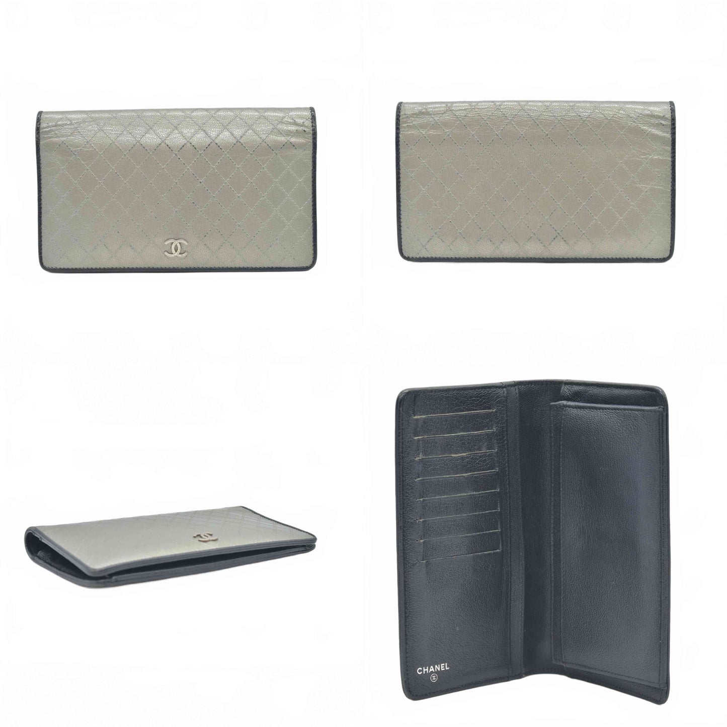 $995 2006 Chanel Metallic Calfskin Diamond Embossed Yen Wallet Grey
