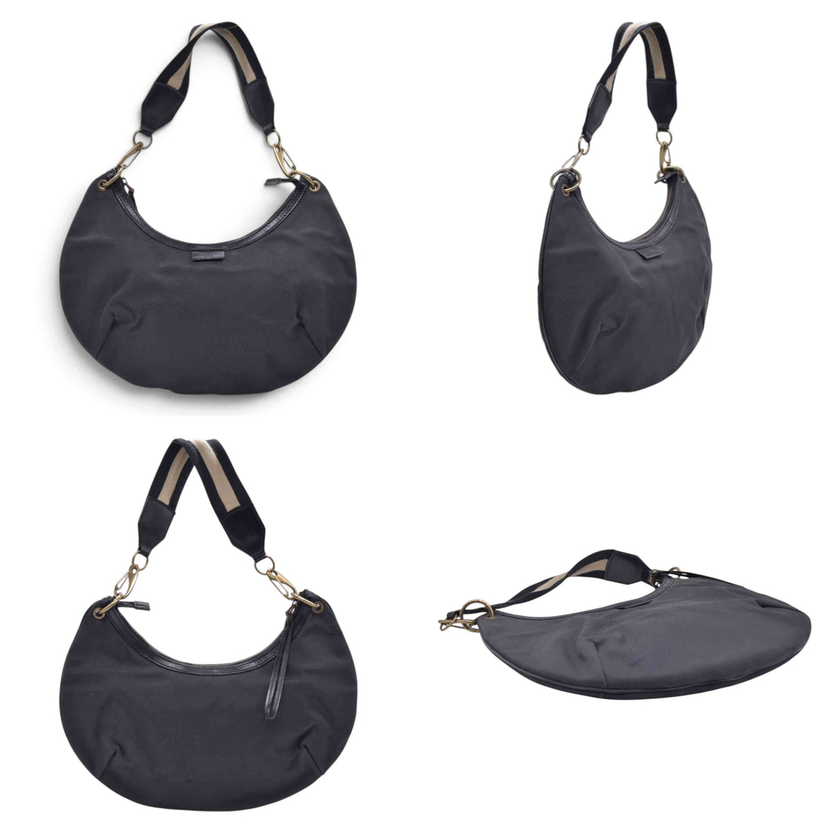 $880 GUCCI Canvas Web Strap Crescent Hobo Bag Black CONSIGNMENT 10021221
