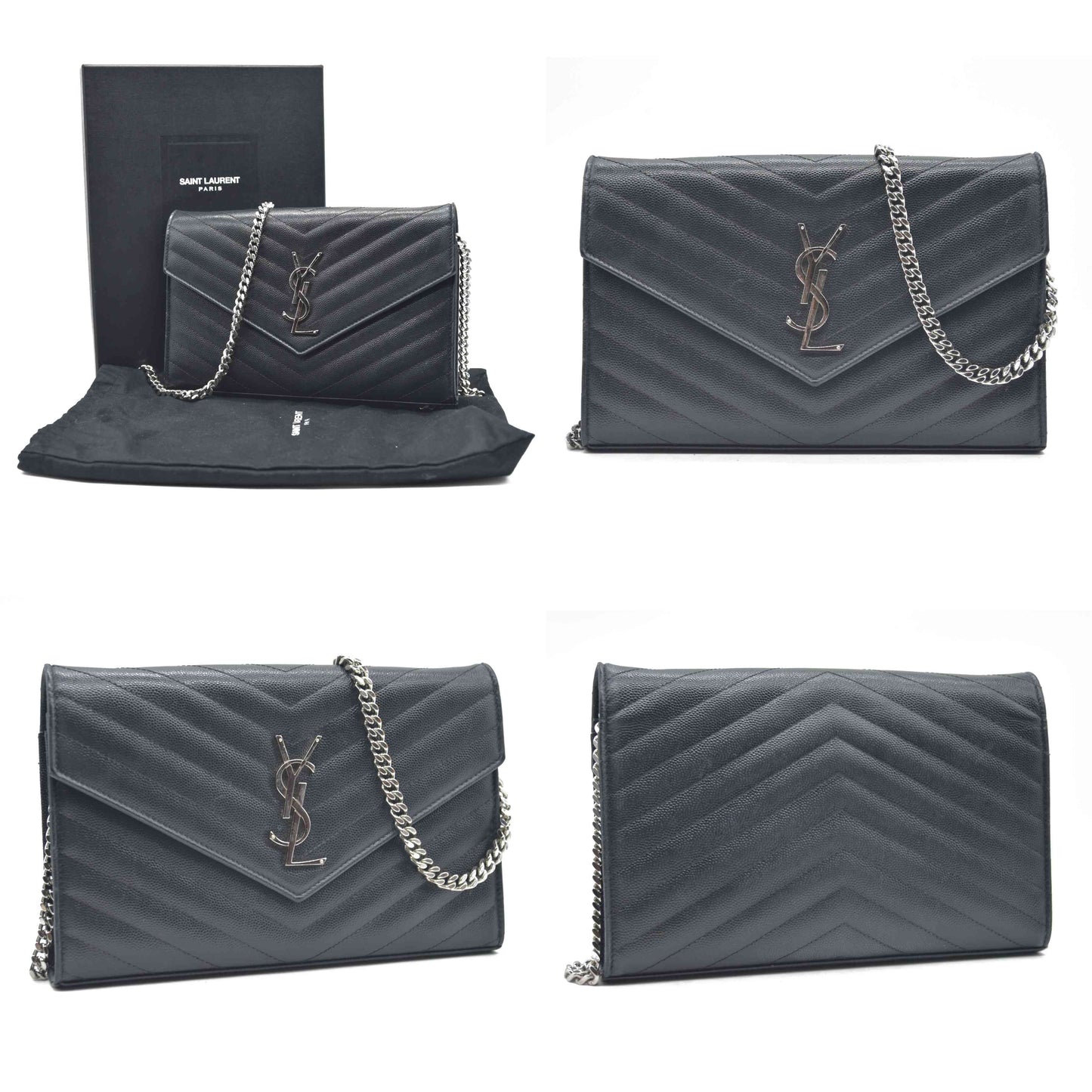 $1600 Saint Laurent Grain De Poudre Matelasse Chevron Monogram Envelope Chain Wallet Black