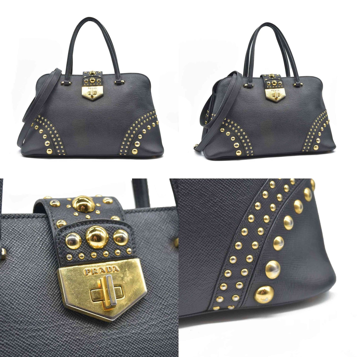 AUCTION $3450 Prada Black Leather Promenade Studded Satchel