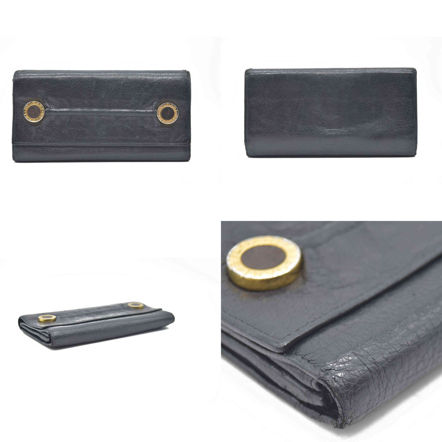 $900 Bvlgari Double Logo Snap Long Wallet Black Leather