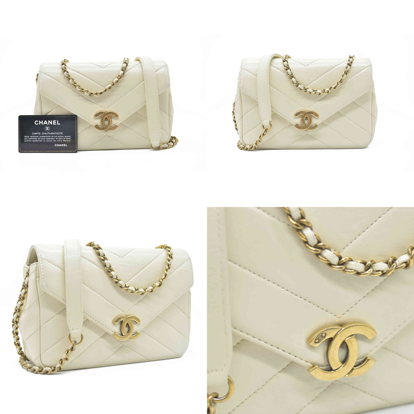 2016 $3400 Chanel Ivory Chevron Quilted Leather Paris-Seoul Coco Envelope Small Crossbody Bag