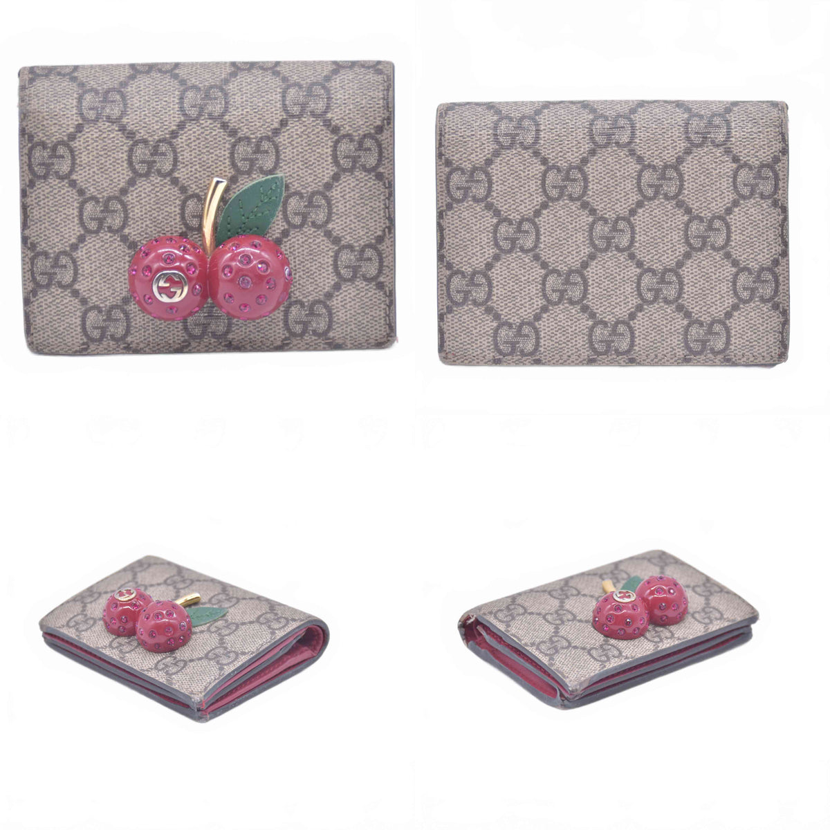 $470 GUCCI GG Supreme Monogram Cherry Embellished Card Case Wallet Hibiscus Red 10020980