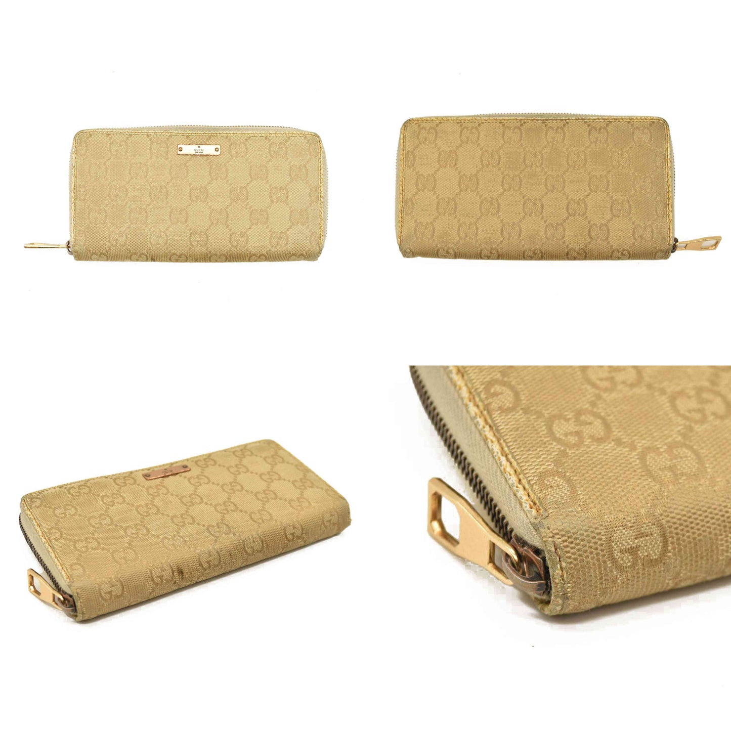Gucci  Monogram Metal Bar Zip Around Wallet Beige Ebony Cream