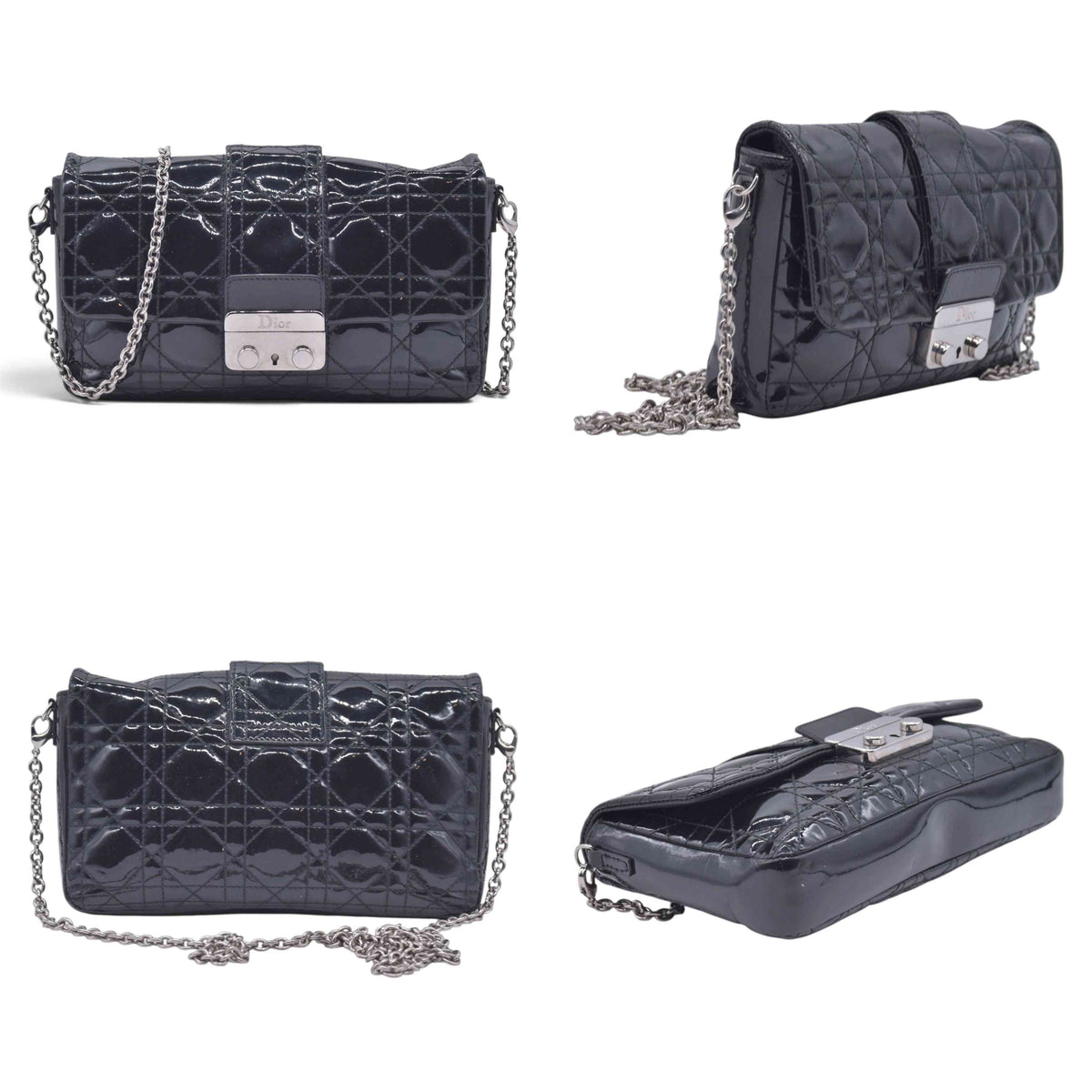 $2100 CHRISTIAN DIOR Cannage Patent Miss Dior Chain Shoulder Bag Black CONSIGNMENT 10021555