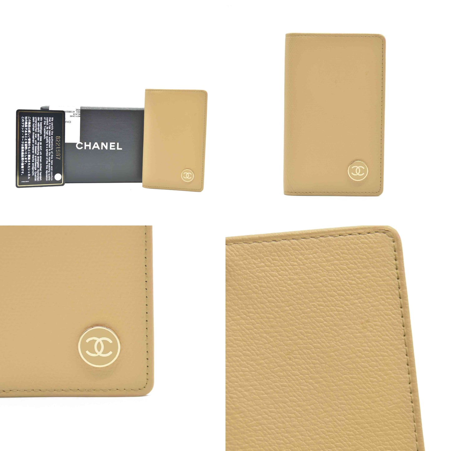 AUCTION CHANEL Coco Button Leather Card Case Holder Short Purse Beige