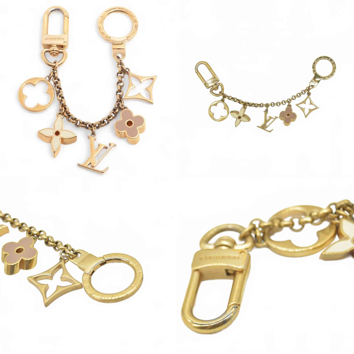 $655 2014 Louis Vuitton Brass Enamel Fleur De Monogram Bag Charm Chain Gold DP0164