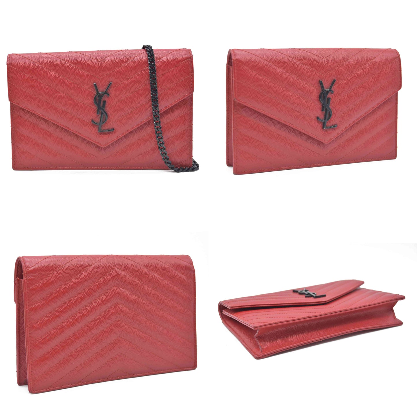 $1190 Saint Laurent Grain De Poudre Matelasse Chevron Monogram Envelope Chain Wallet Red