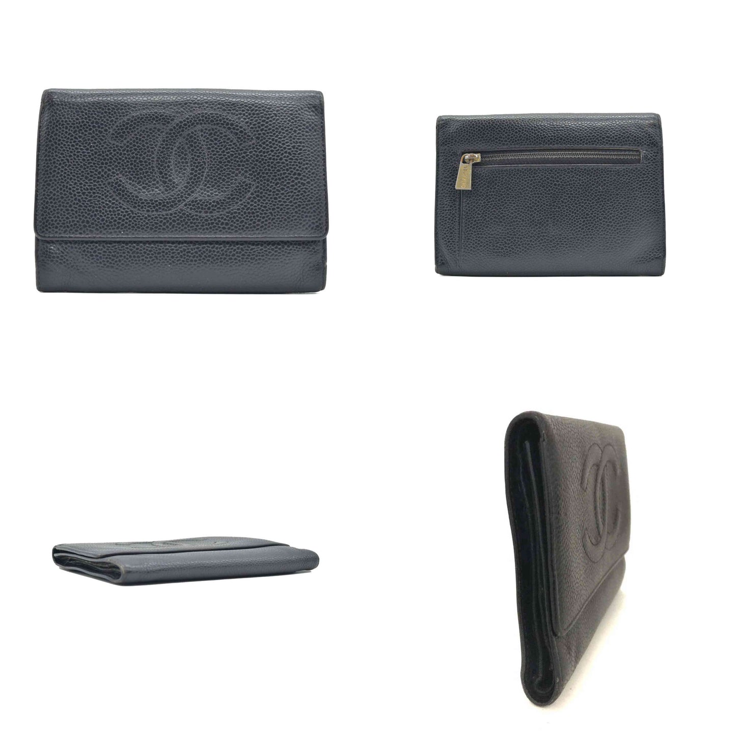 $925 CHANEL CC Logo Grained Calfskin Trifold Wallet Black 6117536