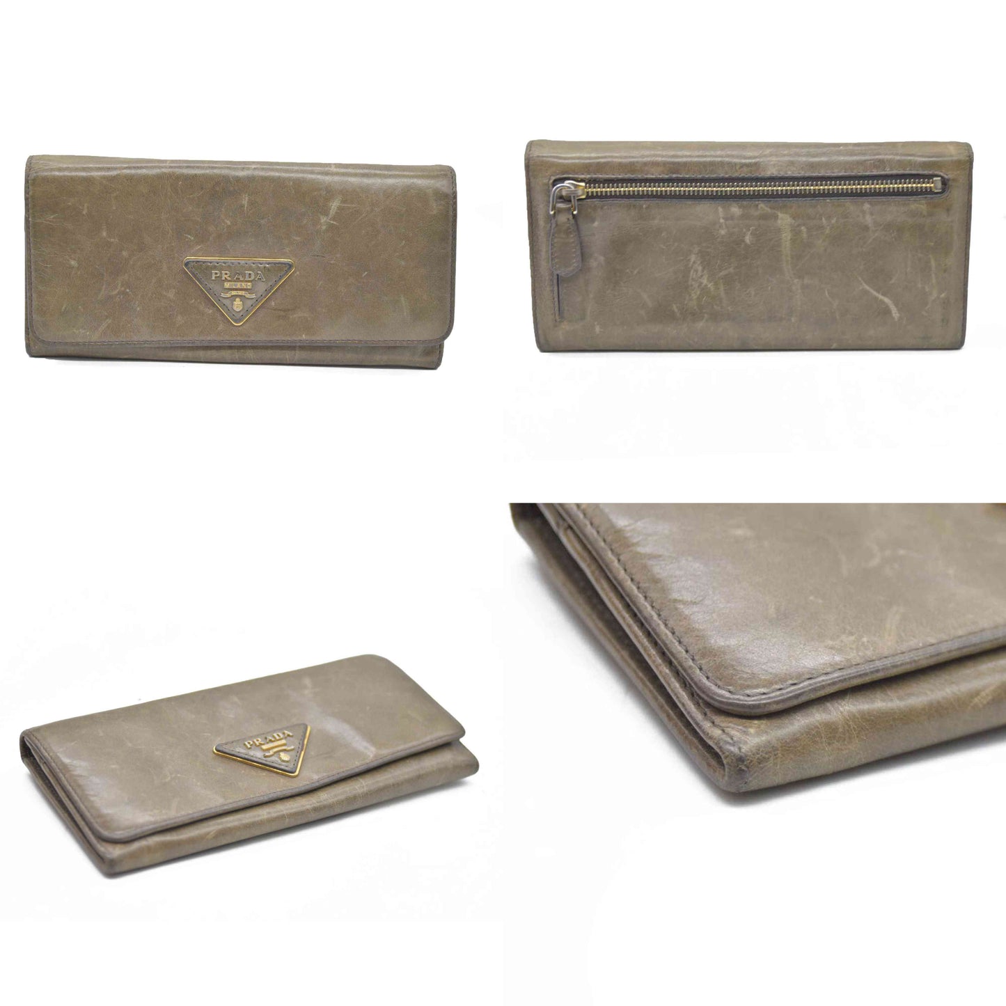 PRADA $625 Triangle Logo Leather Long Bifold Wallet Khaki/7BH0146