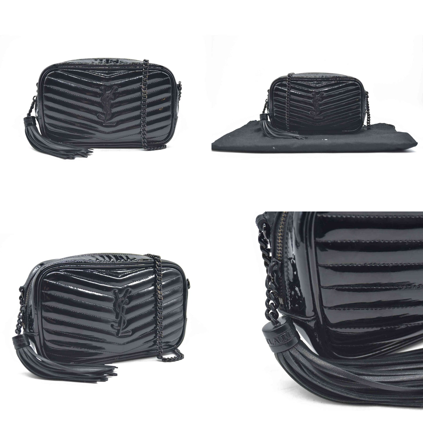 $1690 Saint Laurent Patent Leather Matelasse Monochrome Monogram Mini Lou Camera Bag Black