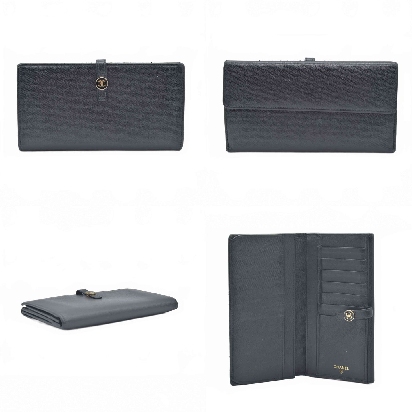 $925 2005 Chanel Grained Calfskin CC Button Long Wallet Black