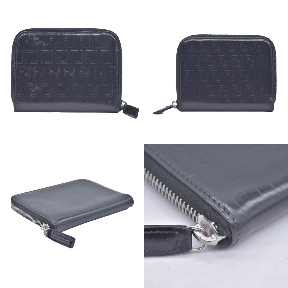 $720 Fendi Patent FF Embossed Compact Zip Around Wallet Dark Navy CONSIGNMENT
