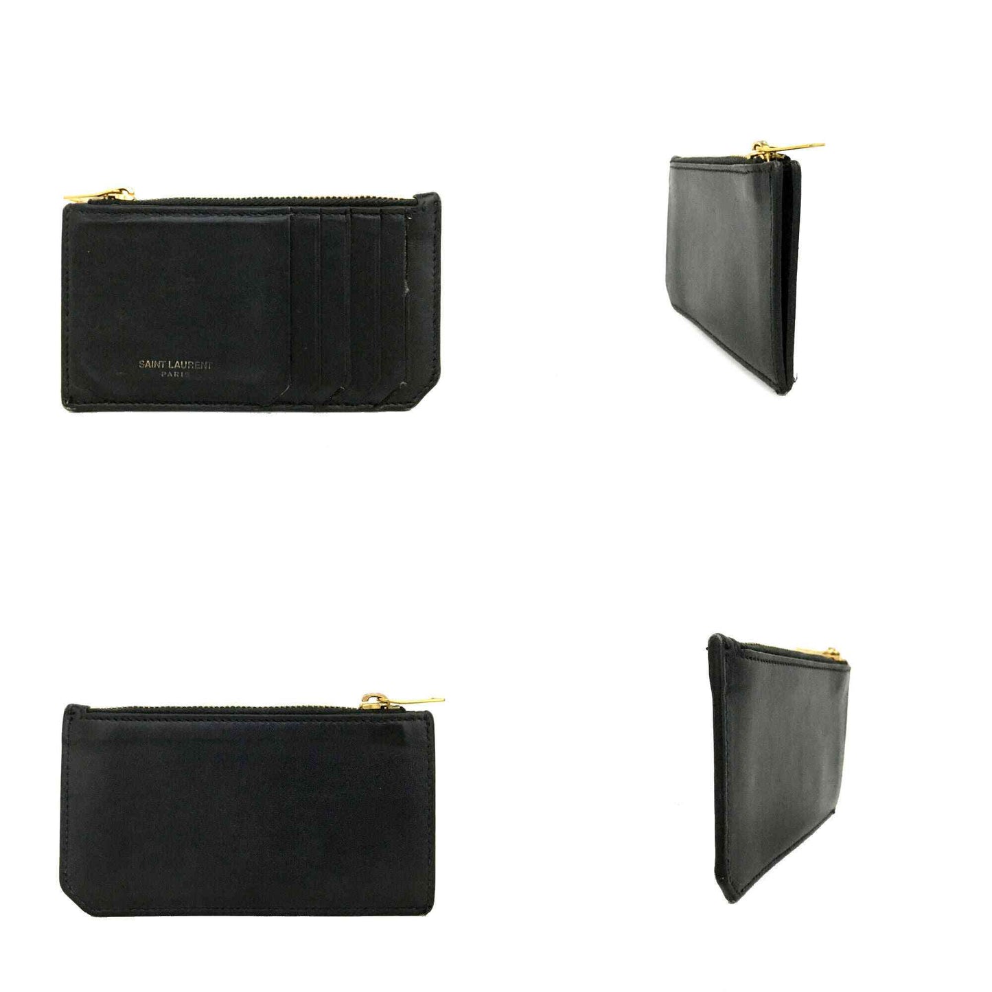 SAINT LAURENT Grained Calfskin 5 Fragments Zip Pouch Card Holder Black