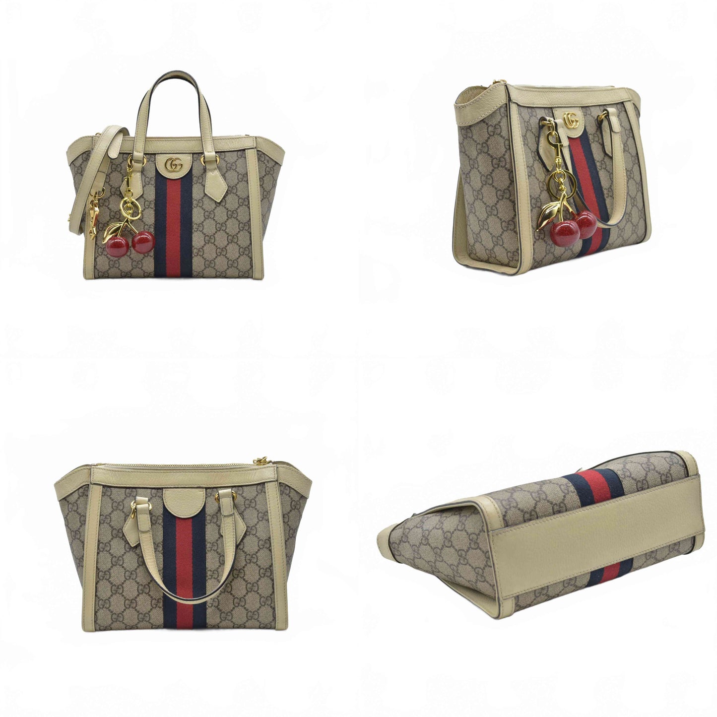 Gucci GG Supreme Monogram Textured Dollar Calfskin Web Small Ophidia Tote Bag Beige Ebony Mystic White