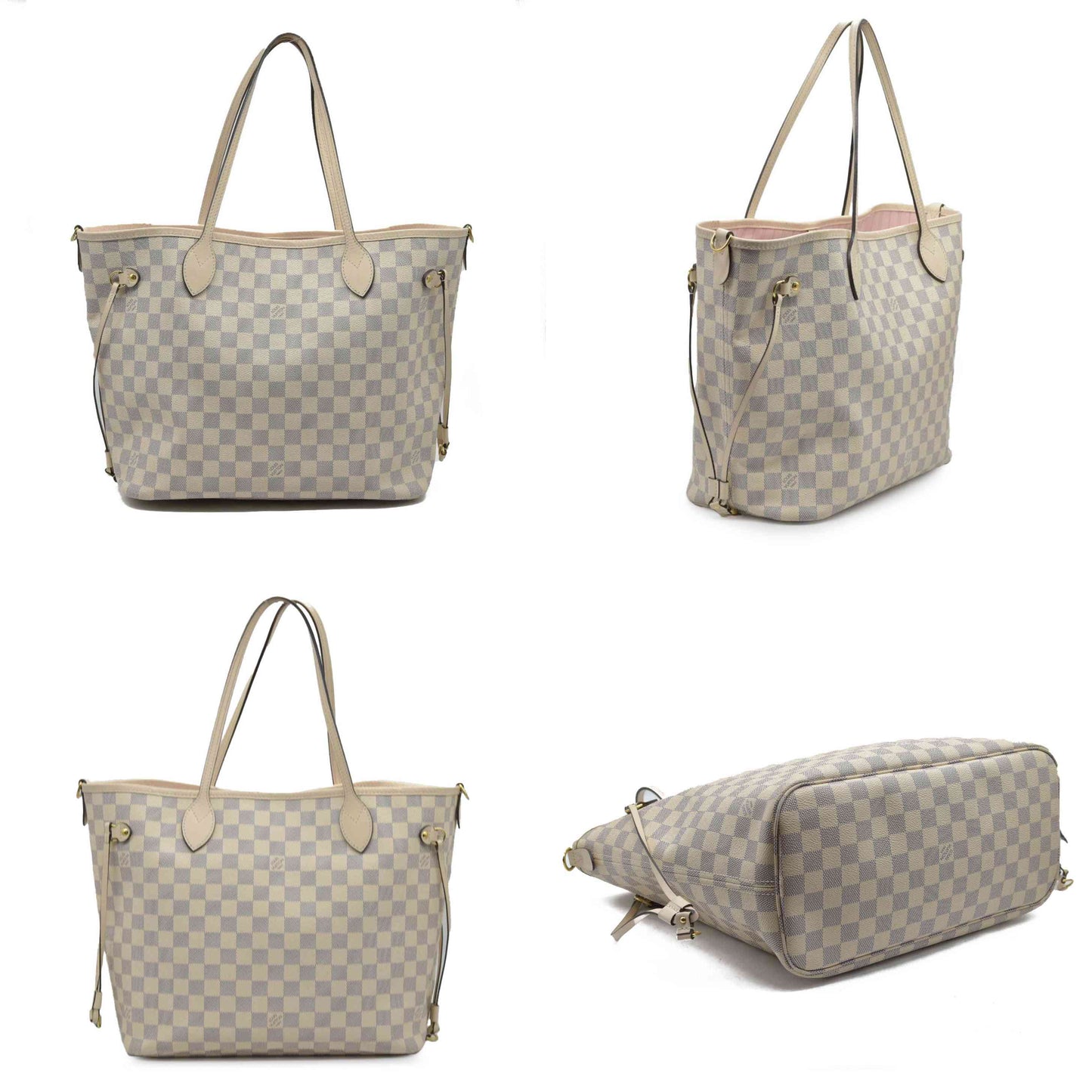 $2600 Louis Vuitton Damier Azur Bandouliere Neverfull MM Rose Ballerine Braided Strap White Leather